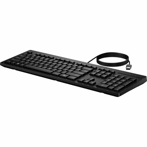 HP 125 trådbundet tangentbord – kabelanslutning – USB typ A-gränssnitt – snabbtangenter för knappar – Windows 11, Windows 10 – PC – återvunnen plast – kolvnyckel – svart