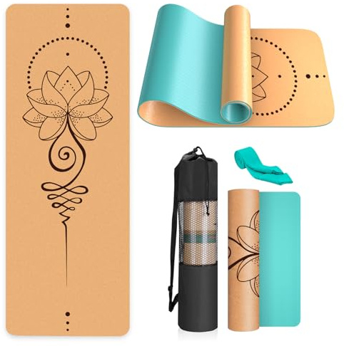 Haninj® Yogamatte Kork – Rutschfeste Yoga Matte, Einzigartiges Design, Naturkautschuk TPE Gymnastikmatte, Trainingsmatte mit Tragetasche & Gurt, für Zuhause, Pilates, Aerobic Fitnessstudio und Workout