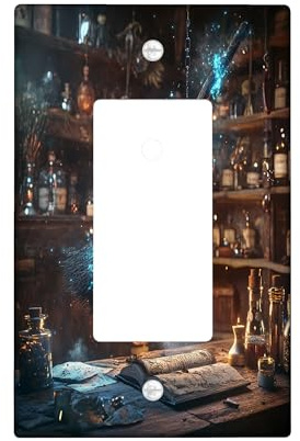 Halloween Witch Magic Broom Decorative Light Switch Cover Plate 1 Gang Single Rocker, Cool Fun Fantasy Witchy Book Electrical Switchplate, Scenic Electrical Faceplate for Bedroom Room