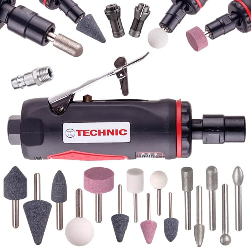 TC TECHNIC – Amoladora rotativa neumática - Juego de amoladoras rectas neumáticas con accesorios - Tamaños de mango 15×6 mm y 3 mm, herramienta de amolado con aire comprimido - 25 000 rpm