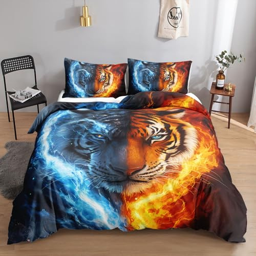 HOSIMA Tiger Bettwäsche Set, 135 x 200 cm, Rot und Blau, Bettwäsche-Set, 1 Bettbezug, 1 Kissenbezüge, Reißverschluss, geeignet für Kinder, Jugendliche und Erwachsene
