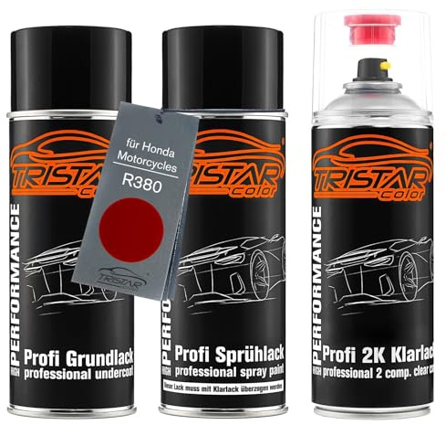 TRISTARcolor Motorradlack Set Spraydosen für Honda R380 Grand Prix Red +2K | für Honda Motorcycles, Set aus Grundlack + Basislack + 2K Klarlack, Sprühdosen 400ml