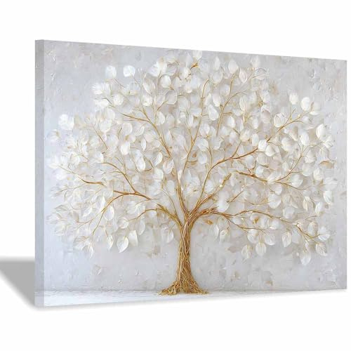 HOQIU stampe su tela Albero d'oro bianco strutturato Art albero della vita quadri, quadri in tela, per cucina, soggiorno e bagno(bianco)-70x100cm Incorniciato