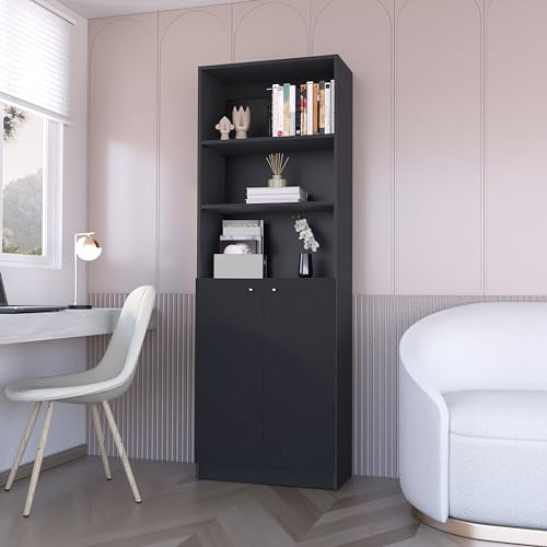 Jenvor Bookcase Sutton 2-Door Storage Cabinet Black Engineered Wood, Double Door Concealed Shelves and Three Open Display Shelves, Space-Saving Design, Easy Assembly for Living Room Bedroom Office