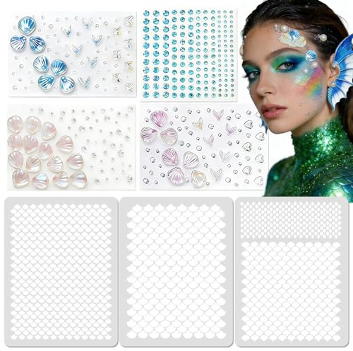 Fischschuppen Schablone Meerjungfrau Schminke, Meerjungfrau Kostüm Damen Mädchen, Meerjungfrauen Schablonen mit 4x Glitzersteine Selbstklebend Strasssteine zum Malen Karneval Fasching Gesicht Makeup