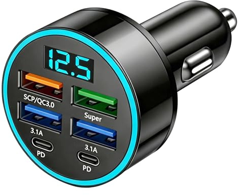 Havlock 45W USB C Car Charger Adapter, 6-Port Fast Car Charger Cigarette Lighter USB Socket with LED Voltmeter, PD&QC 3.0 12V/24V Car Plug Splitter for iPhone 15 14 Samsung S24 S23 iPad Tablet