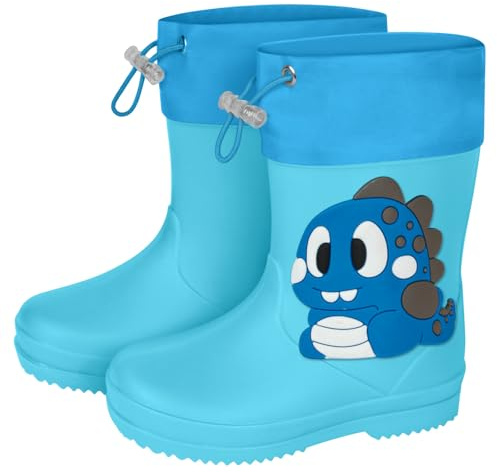 Aomig Stivaletti Pioggia Bambino, Stivali Di Gomma Con Coulisse per Bambini Unisex, Scarpe da Pioggia Antiscivolo Impermeabili Ragazzo e Ragazza, Dinosauro - Blu (EU: 26-27)