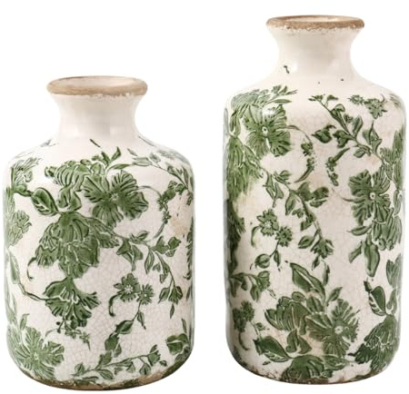 KRYSTHIA Keramikvasen im Vintage-Stil, 2er-Set, große grüne Chinoiserie-Vasen für Blumen, rustikales Bauernhaus & toskanische Heimdekoration, handgefertigte Crackle-Glasur, perfekt für Wohnzimmer