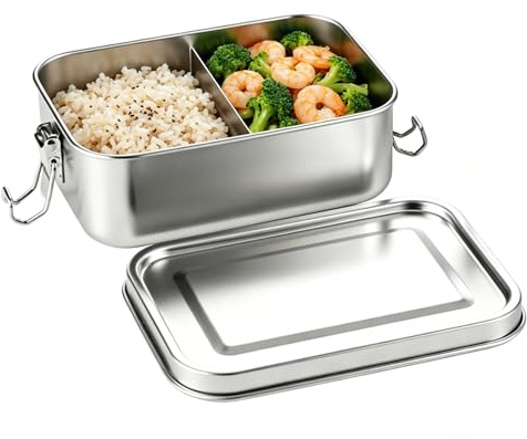 HXSYKJDM Stainless Steel Lunch Box 850ml with Removable Divider | Metal Bento Box, Leak-Proof Insulated Food Container for Office, School, Picnic, Silver