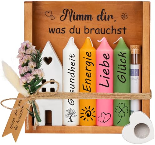Kerzen Geschenk für Frauen mit Kerzenständer, Nimm dir was du brauchst Kerzenset Geschenke für Freundin Schwester Kollegin, Geldgeschenke mit Kerzen Deko Holzbox Trockenblumen