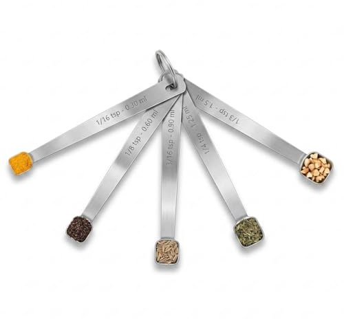 Messlöffel Set Edelstahl 5er Set - Dosierlöffel, Gewürzlöffel, Messlöffel Edelstahl, Mini Löffel mit Skala für Pulver, Gewürze, Kaffee, Backen & Kochen, Kleine Messlöffel für Gewürzgläser
