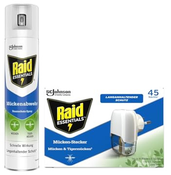 Raid Essentials Mückenschutz Set – Raumspray 300ml + Mückenstecker 3er Set, Elektrischer Mückenschutz für Innenräume, Insektenabwehr gegen Mücken, effektiv & einfach