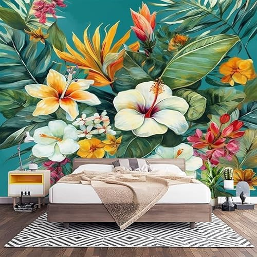 Mural Decorativo para Pared de TNT XXL 450x315 cm, Pintado Flores Y Plantas Tropicales Papel Pintado Decoración Interior, Verde Revestimiento de Pared Fotomural para Oficina y Comedor 200x140 cm