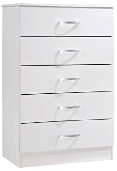 HODEDAH 5 Drawer Wood Dresser for Bedroom, Chest of Drawers with Metal Rails for Support when Storing Clothing, White