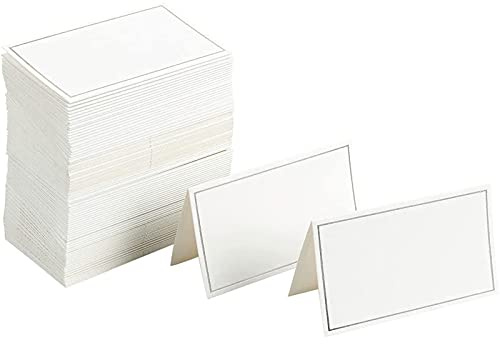 Best Paper Greetings Place Cards for Table Setting - 100-Pack 3.5 x 2 In White & Silver Foil Folded Tents - Wedding & Banquet Seating, Buffet Food Tags & Table Name Cards