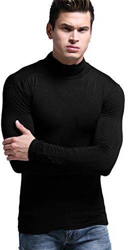 Ouruikia Camisas Termica Hombre Ligero Modal Capa Base Cuello Alto Manga Larga Tops Thermal Invierno, Negro, L