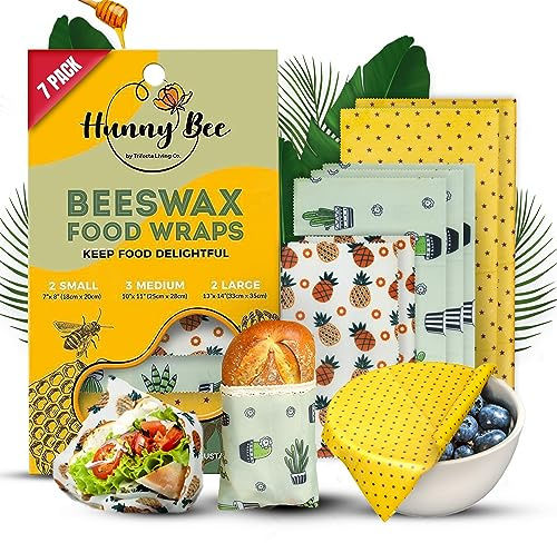 Trifecta Living Co. HUNNYBEEE Beeswax Envolturas Reutilizables para Alimentos - (7 Paquetes) Envoltura de Cera de Abeja Productos sostenibles, Envoltura de Cera, Envoltura ecológica