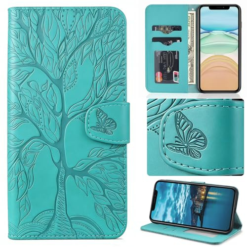 Aisenth Handyhülle für iPhone 12 Mini Magnetische hülle mit Kartenfächer | Baum Muster,Standfunktion,Kartenfächer,PU Leder,2 Kartenfächer+Geldfach+Handschlaufe,Stoßfeste,Magnetische,Blau Grün