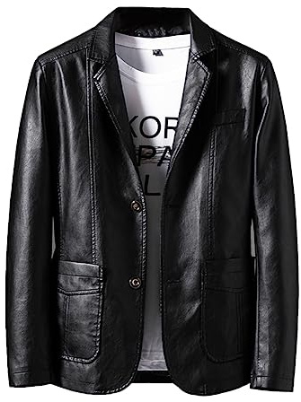 Rayiisuy Mens PU Leather Blazer Men's Casual Single Button Suit Coat Slim Fit Lapel Black Jackets For Men Stylish Faux Leather Outwear (Black, X-Large) XY-903