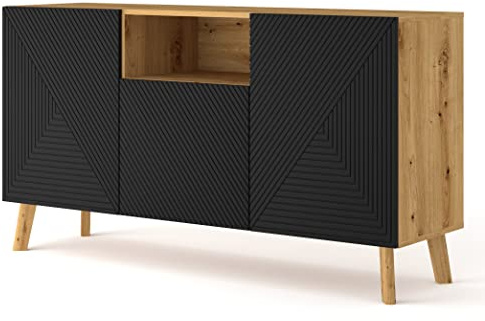 BIM Furniture Kommode, Sideboard mit 3 Türen, Modernes Loft Highboard für Wohnzimmer und Schlafzimmer, Artisan Eiche & Schwarz Matt, Skandinavisches Design mit Holzfüßen, Push-to-Open System,