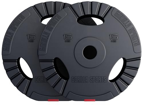 Gorilla Sports® Dischi Pesi Olimpici - 1,25kg, 2,5kg, 5kg, 10kg, 15kg, 30kg, Singolo/Set, Foro 50 mm, con Manico, Tri-Grip, Rivestiti in Plastica - Piastre per Bilancieri, Manubri, Palestra