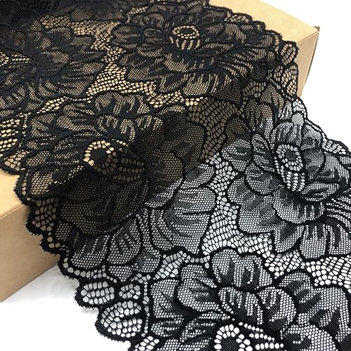 Olive Lace Black Stretch Lace Fabric 8.5 Inches Wide Lace Trim Ribbon for Bridal Wedding Decorations, Sewing DIY Making and DIY Crafts- 5 Yards (7022 Black)