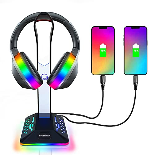 RGB Headphone Stand Gaming Headset Holder - Headphone Holder with 2 USB Chargers and 7 Light Modes for Gamers Gaming PC Accessories