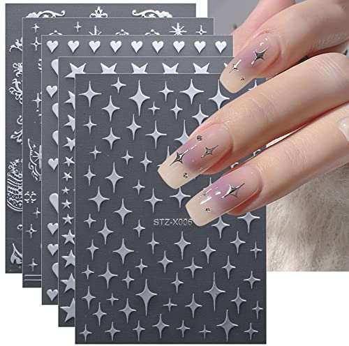 JMEOWIO Nagelsticker Mond Stern 12 Blatt Nail Art Sticker Selbstklebend Nagelaufkleber Gold Silber Dekoration Nageldesign Zubehör