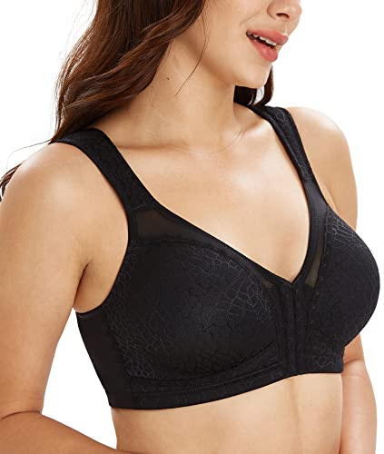 Lemorosy Women's Wirefree Jacquard Back Support Bra Full Figure Front Closure Posture Bras | Jacquard Fabric,Easy On/Off,Full Figure Fit,Breathable,Posture Aid