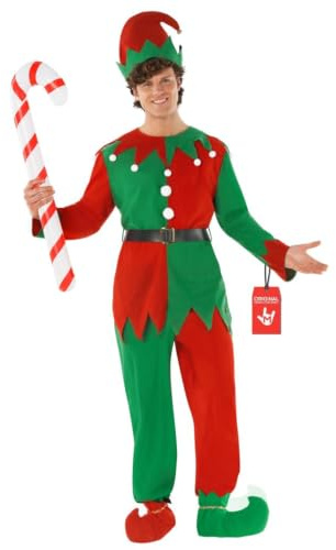 Morph Weihnachtself Kostüm Herren, Festliches Halloween Kostüm Herren | Tunika, Hose, Zipfelmütze & Gürtel, Rotes Elfen-Design, Zum Überziehen, Perfekt für Halloween, Ideal zum Verkleiden