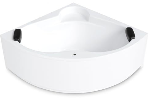 AQUADE Acryl Eckbadewanne 140x140 Modell: Essen Hergеstellt in Dеutschland - Weiß Badewanne Komplettset 140x140 - Badewannen mit Wannenfüßen + Schürze + Ab-Überlaufgarnitur + Nackenkissen + Led