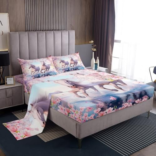 Watercolor Horse Bed Sheets King Size 4 Pcs Pink Cherry Blossom Wild Animals Sheets Set for Kids Girls Teens Dreamy Natural Flowers Plabts Decor Bedding Set with Flat,Fitted Sheet,2 Pillowcases