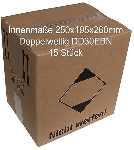 Wellpapp Faltkarton Karton Versandkarton 250x195x260, 15 Stück, Fefco 0201, Doppelwellig 5310DD30N, stossende Klappen, (250x195x260)