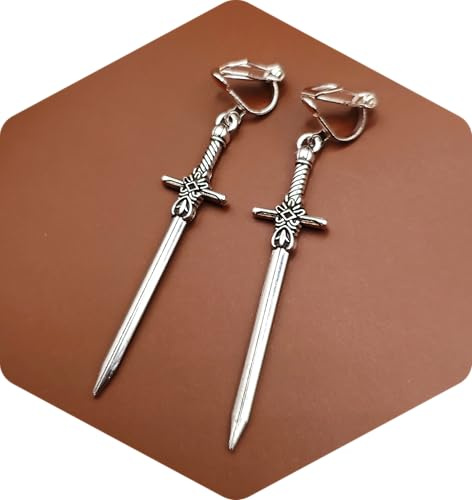 bySantana - 5cm Silber Schwert Ohrringe, Handgefertigt Fantasie Schmuck, Coole Geschenkidee, Mittelalter Dolch Ohrhänger (Ohrclips)