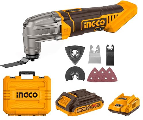 INGCO Cordless Multi Tool with 1pcs 2.0Ah Battery and Charger, 5000-20000 RPM, 6 Variable Speed,3.2° Oscillation Angle, 20V Oscillating Multi-Tool for Sawing, Cutting, Sanding CMLI20228