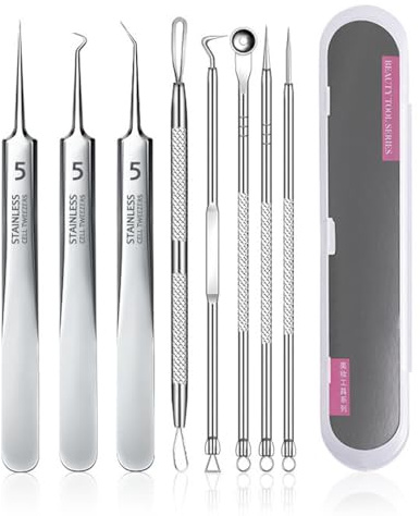 Pickel Entferner Kit, 8 Pickel-Extraktor Pinzette Popper Tool mit Aufbewahrungsbox, Gebogene Schwarze Kopf Entferner Pinzette, Lash Pinzette für Wimpernverlängerung, Pinzette für Haarentfernung,