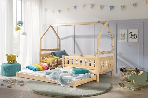 KEF-MEBLE KEF Lily Kinderbett 80x160 cm - Hausbett für Zwei Kinder - Bodenbett aus Holz - Babybett - Floor Bed - Jugendbett mit Lattenrost mit Rollen für Kinderzimmer - Kiefer