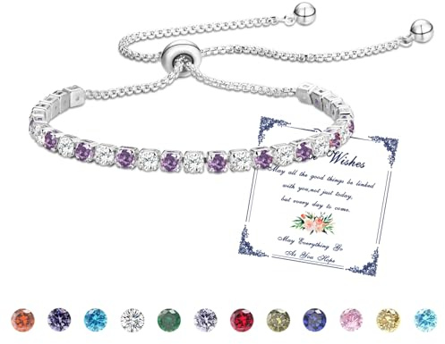 Armband Kvinnor Silver Tennis Armband med Birthstone i 12 Färger, Justerbar Glitter Armband Kvinnor,Presenter till Kvinnor (06-Juni)