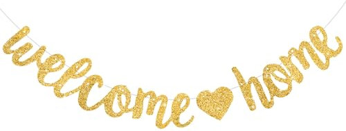 DecoGlee Gold Welcome Home Banner,No DIY,Pre-Strung Welcome Home Decorations,Glitter Welcome Home Party Sign,Homecoming,Housewarming,Graduation Ceremony, Family Reunion, Military Return Party