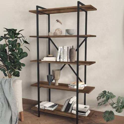 URBNLIVING 5-Tier Wooden Bookshelf with Metal Frame Living Room Storage & Display Unit Durable Stylish Organization Modern Design Home Decor (Burnt Oak)
