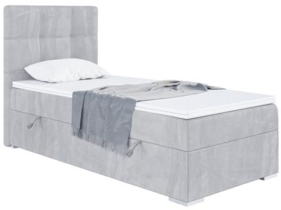 MEBLINI Boxspringbett mit Bettkasten - Gepolstert Einzelbett mit Matratze und Topper - Polsterbett mit Stauraum - Bett mit Kopfteil - Stauraumbett - Kai - 90x200 Links - H4/Hellgrau Samt