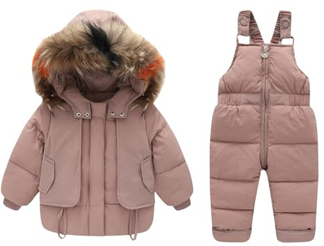 XINYUNZU Schneeanzug Kinder Skianzug 2 Teilig Warm Winddicht Skijacke + Skihose Set Latzhose mit Winterjacke Skikleidung Winteranzug Schneeanzüge für Jungen und Mädchen Rosa 2 Jahre
