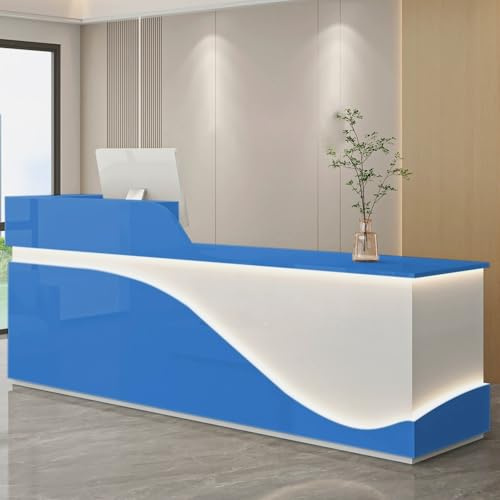 LYXWGRZD Empfangstheke mit Theke, Empfangstresen mit Licht, Kassentheke mit abschließbarer Schublade, Rezeptionstheke for Schönheitssalons, Ladenbüros, großer Lagerraum(Blue R,140cm/55.1in)