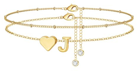 TINGN Fußkettchen für Damen, 14K Gold Vergoldet Herz Fussketten für Frauen Wasserfest Fußkettchen mit Buchstaben J Sommer Strand Teenager Mädchen Schmuck Personalisierte Fußkette für Frauen Mädchen