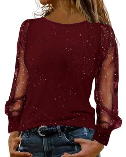 2025 Blusas Festivas Mujer Negro Elegante Sexy Traje de Nochevieja Lentejuelas Top E Girl T Shirt, rojo, M