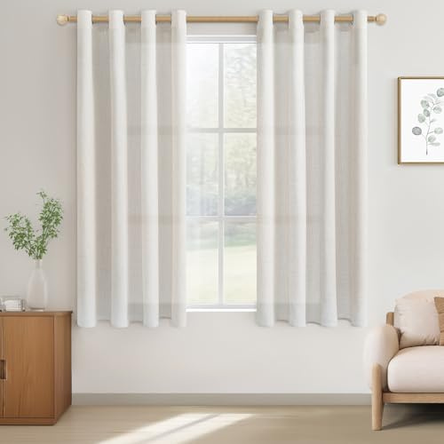 CUTEWIND Vorhänge Kurz Landhausstil Gardinen mit Ösen Leinenoptik Halbtransparent für Wohnzimmer Küche Fenster 2er Set Vorhang Boho Schlafzimmer Kinderzimmer, H 145 x B 140 cm, Elfenbeinweiß