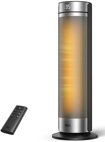 DREO Space Heater for Large Room, 23 Inch Electric Heaters for Indoor Use, 8 Safe Protection Tower, 70° Oscillation, PTC Ceramic with Thermostat and Remote, Quiet, 12H Timer, Bedroom, Office