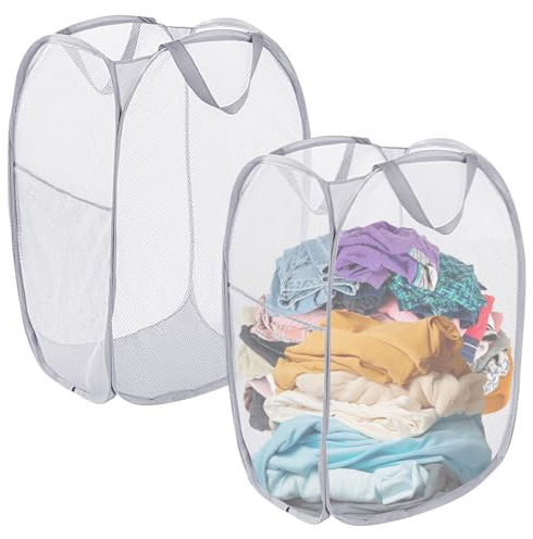 Collapsible Laundry Baskets - Foldable Laundry Basket & Pop Up Laundry Basket with Side Pocket, Mesh Washing Baskets for Laundry, Space-Saving Hamper with Handles for Bathroom/Dorm (Gray)