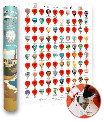 Atlas & Green Top 100 destinazioni Scratch Off Poster. A2 World Travel Poster. Around the World Bucket List Scratch Poster con tubo regalo 100 postr gratta e vinci con destinazioni di viaggio