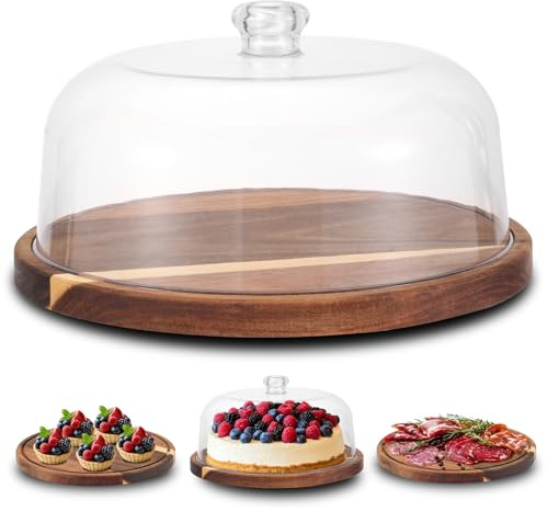 Rainmae 360°Rotatable Cake Stand with Dome Lid, 30cm Acacia Wood Cake Plate with Cover, Wooden Cake Display Stand with Acrylic Dome, Cake Decorating for Baking Gifts, Birthday Kitchen Party, Weddings